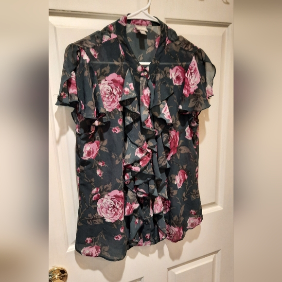 Converse One Star Blouse Womans Large Gray Floral Ruffle Button Down - Picture 4 of 12